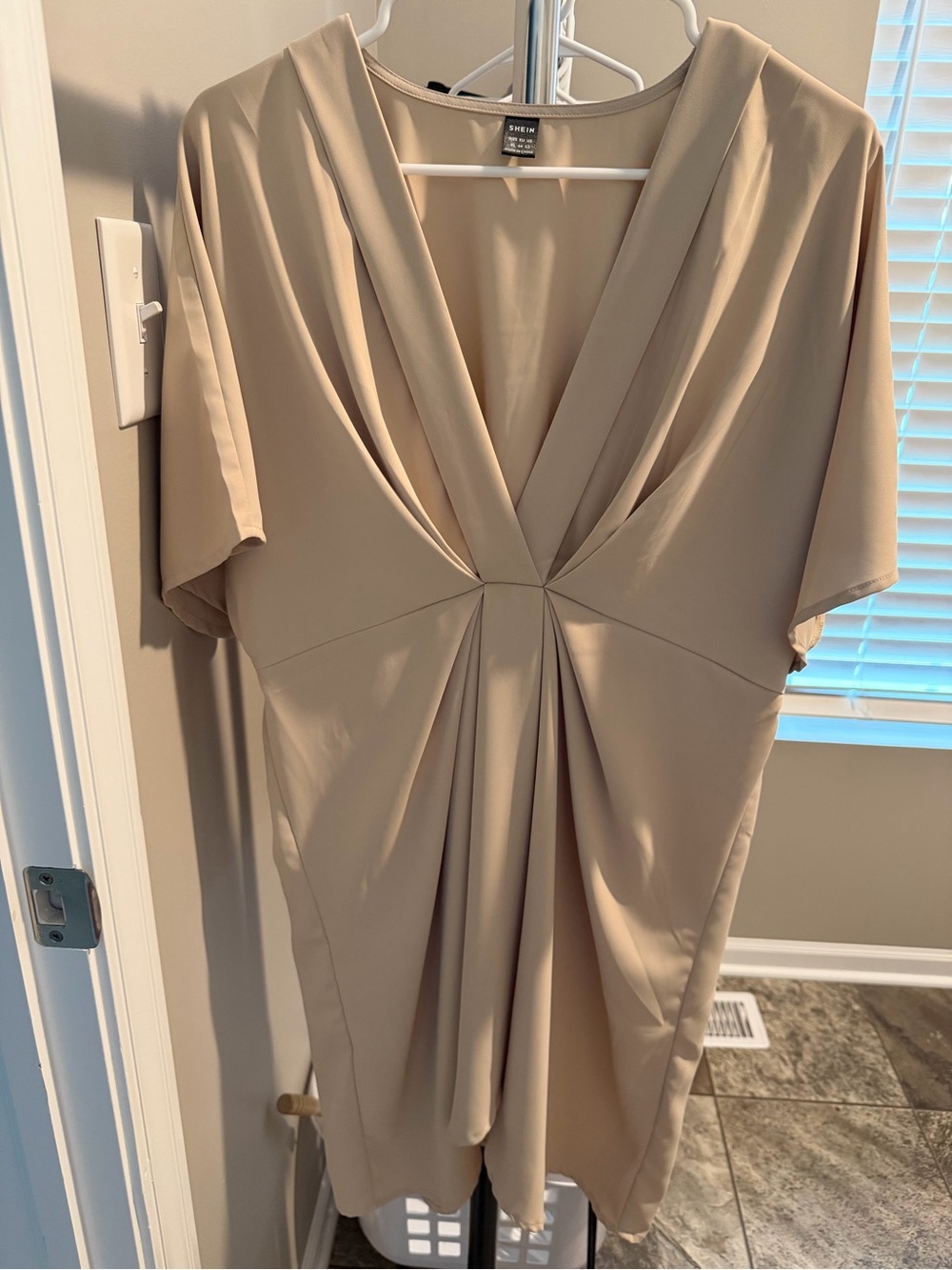 SHEIN Beige V-Neck Pleated Midi Dress